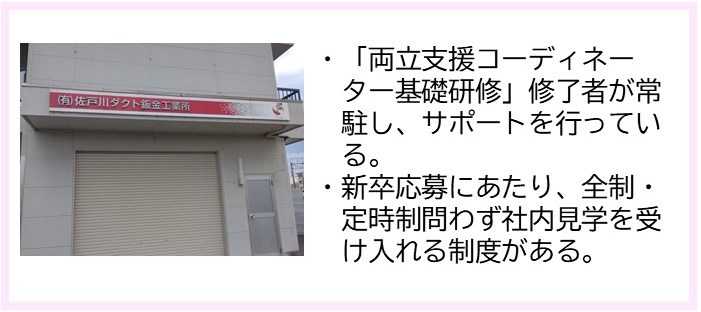 ・「両立支援コーディネーター基礎研修」修了者が常駐し、サポートを行っている。・新卒応募にあたり、全制・定時制問わず社内見学を受け入れる制度がある。（「有限会社佐戸川ダクト鈑金工業所」と書かれた看板が設置され、白壁で2階建ての建物外観の写真）