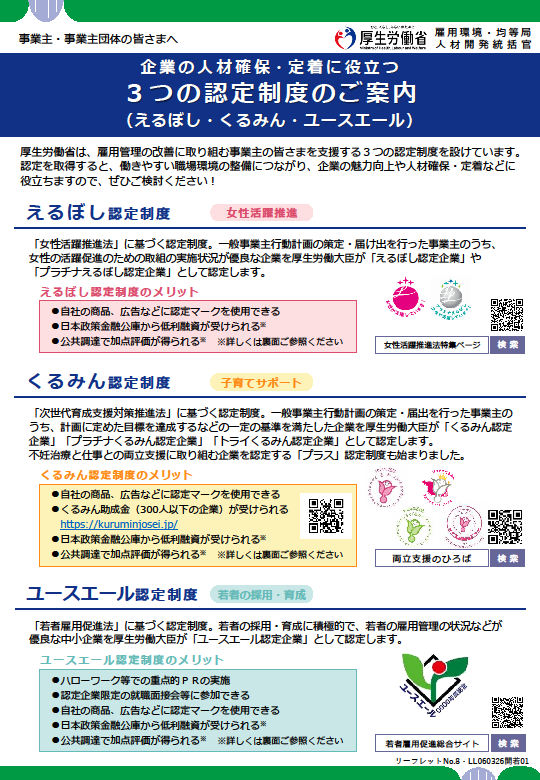 企業の人材育成・定着に役立つ3つの認定制度のご案内のチラシ