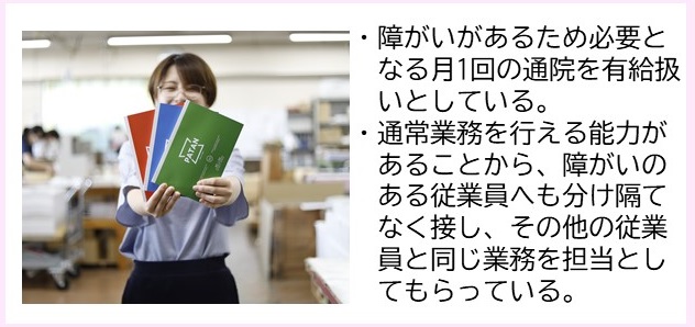 ・障がいがあるため必要となる月1回の通院を有給扱いとしている。・通常業務を行える能力があることから、障がいのある従業員へも分け隔てなく接し、その他の従業員と同じ業務を担当としてもらっている。（女性スタッフが長方形の赤・青・緑色の製品を両手で持ちカメラに向かって見せている写真）