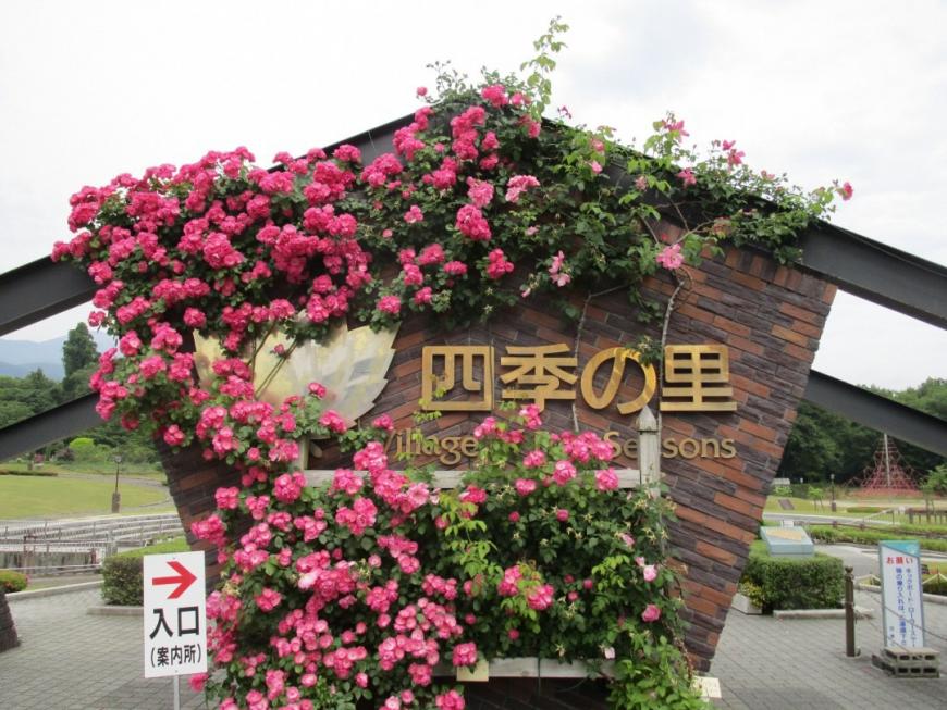 右を差した矢印の下に「入口（案内所）」と書かれた白い立て看板の後ろに、ピンク色の花をつけた植物で覆われた茶色のブロックに金色の文字で「四季の里」と記された看板がある写真