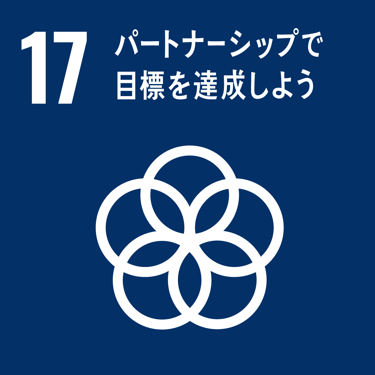 「17.パートナーシップで目標を達成しよう」の文字と、5つの輪が重なって花の形のようになっているSDGs目標17のアイコン