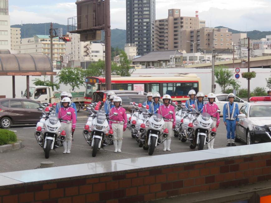 横4列に並んだたくさんの白バイと横で姿勢よく立つピンクや水色の制服に白いヘルメットを着用した隊員たちの写真