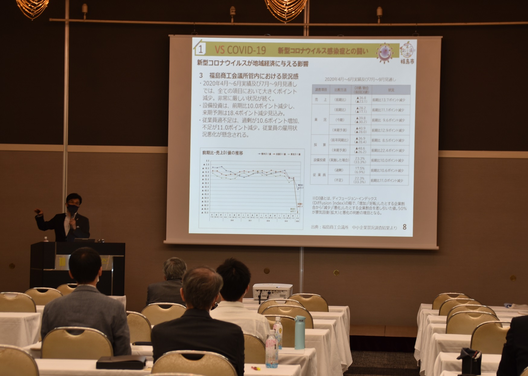 前方に資料が映し出されたスクリーンが設置され、左側の檀上に立つ市長が参加者に向かって話をしている様子の写真