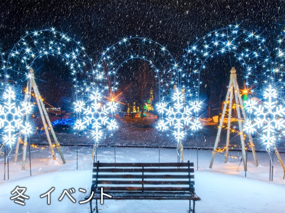 雪が積もる公園のような場所のベンチの周りにきれいなイルミネーションが点灯している写真