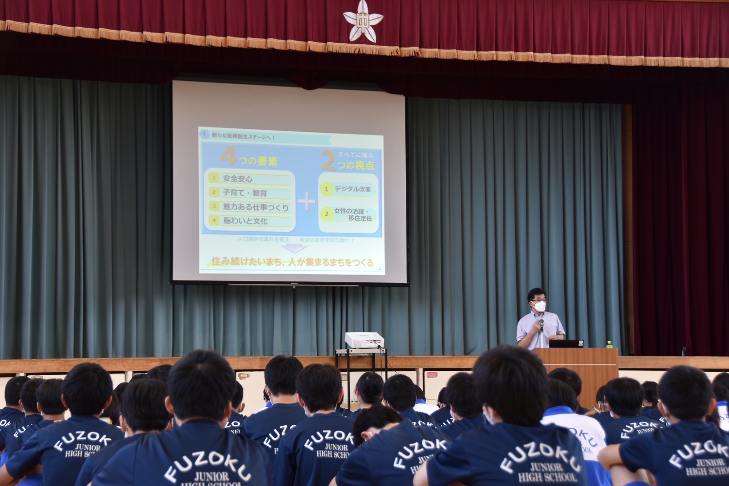 ステージ中央に資料が映し出されたスクリーンが設置され、ステージ下に設置された壇上に立つ市長が生徒たちに向かって話をしている様子の写真