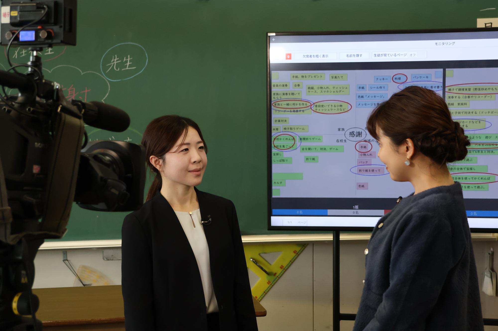 黒板横に資料が映し出されたスクリーンがあり、スーツ姿の女性が立ちアナウンサーの方からインタビューを受けている様子の写真