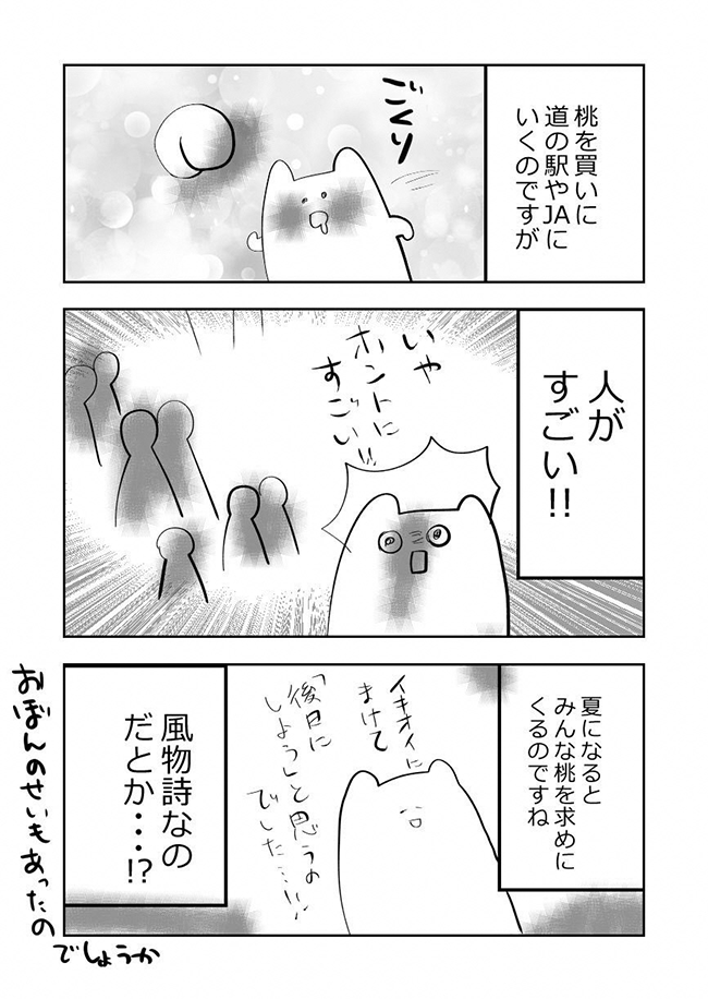 「至るところにあふれる地元愛」桃を買いに行った時 ふくふくまめさんの紹介三コマ漫画の画像