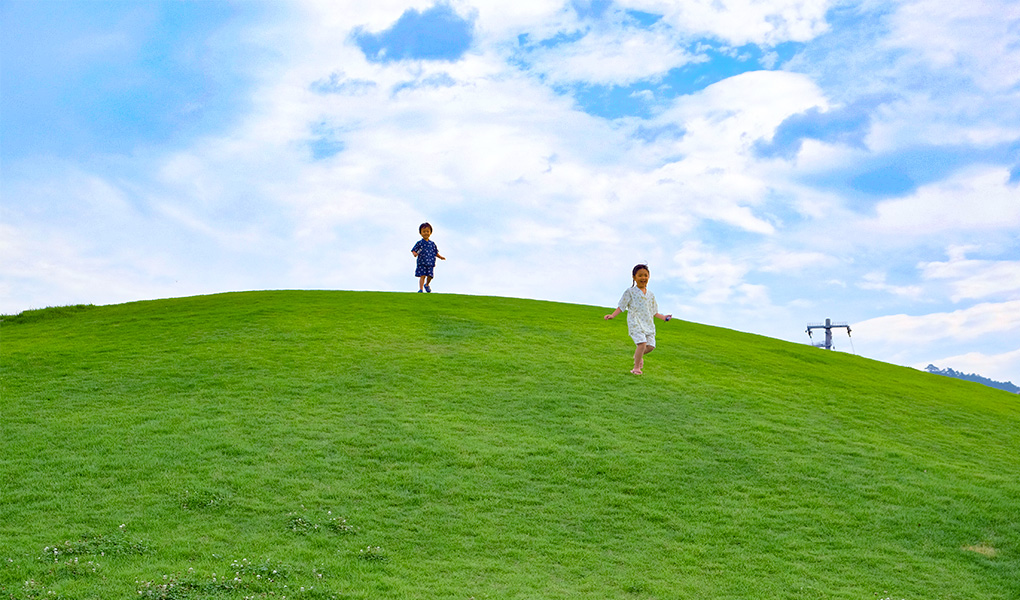 薄い雲がかかる空の下、芝生が広がる公園の丘で子供達がはしゃいでいる写真