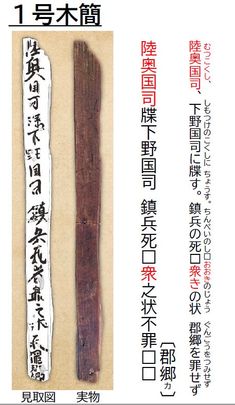 1号木簡の見取図と細長い木の板の1号木簡実物の写真