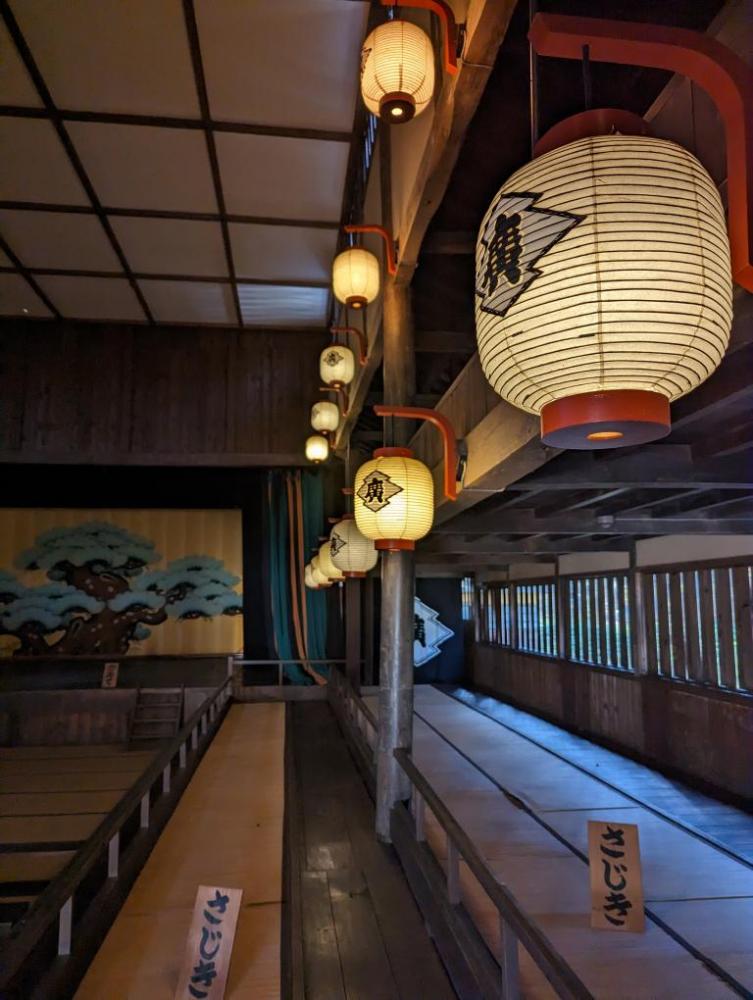 芝居小屋の中に等間隔に設置された明かりが灯った提灯を近くで写した写真