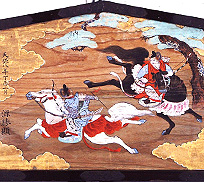 白と黒の二頭の馬に乗った若武者が競いあう動的な場面が描かれた競べ馬図の写真（福島市の文化財 -有形民俗文化財 6件-のページへリンク）