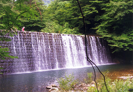 荒川第一堰堤の上から緩やかな川へいくつもの水の筋が流れ落ちている写真