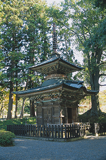 木の柵で囲まれた中に建っている旧安洞院多宝塔の写真