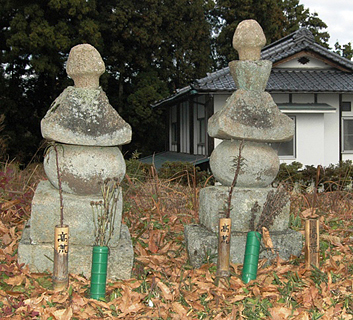 5つの形の異なる石が積み重なている2基の明治竹ノ花の五輪塔が並んでいる写真