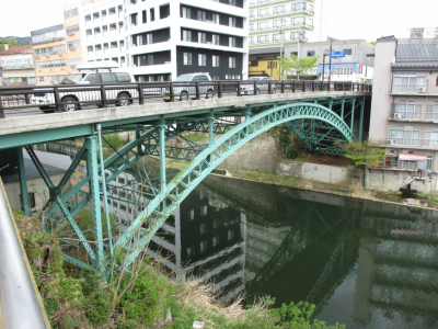 橋桁の下部がエメラルドグリーン色のアーチ状になっている十綱橋の写真