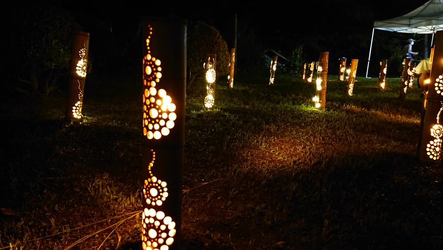 花のような模様が彫られ明かりが灯された竹とうろうが暗闇に浮かび上がっている写真