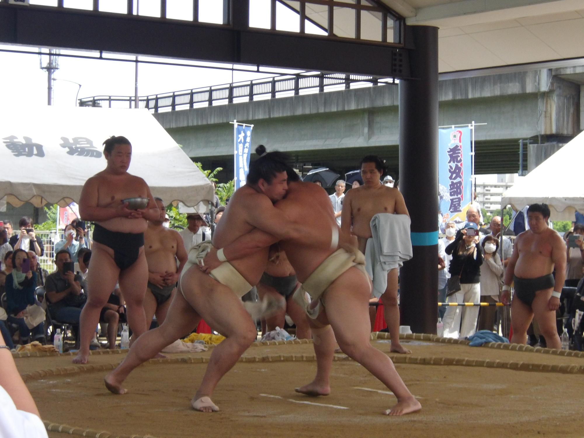 白いふんどしを巻いた力士2人が取組みを行っている写真