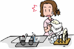 お皿を拭いている女性が水が出たままの蛇口に気づいた様子のイラスト