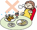 沢山の料理を食べ残している女性のイラスト