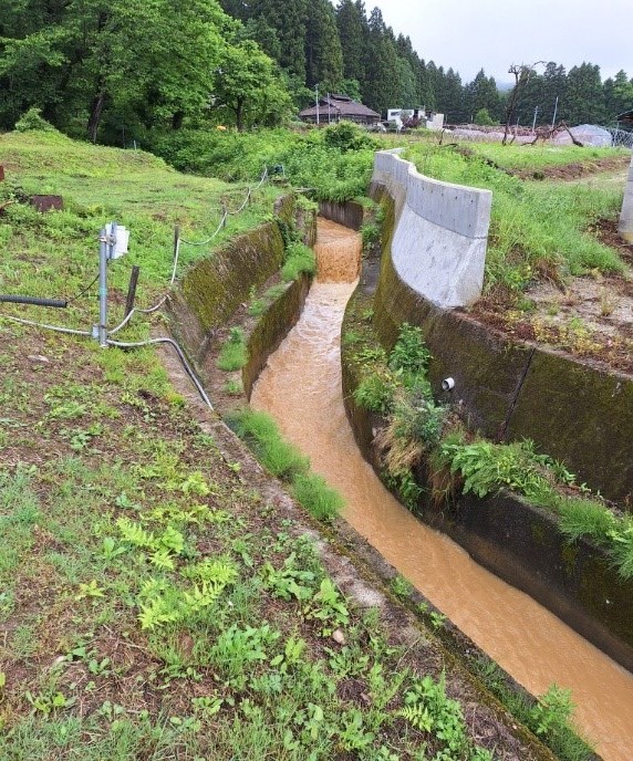 山から流れてきた茶色い水が用水路を流れている写真