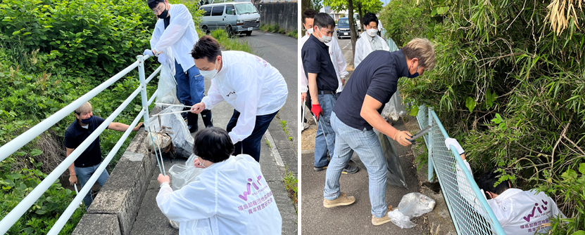 左：火ばさみを使ってゴミ拾をしている参加者の方々の写真 右：側溝に落ちているゴミ拾いをしている様子の写真