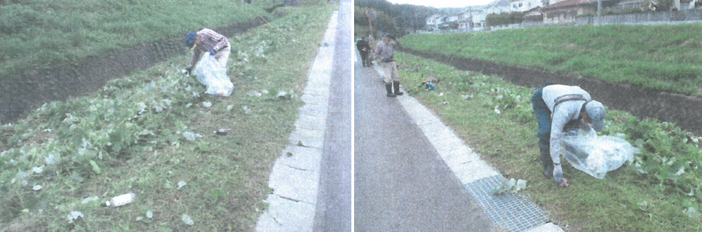 左：一人の参加者がゴミ袋を手に雑草を抜こうとしている写真 右：道路沿の雑草やゴミを参加者達が拾い集めている写真