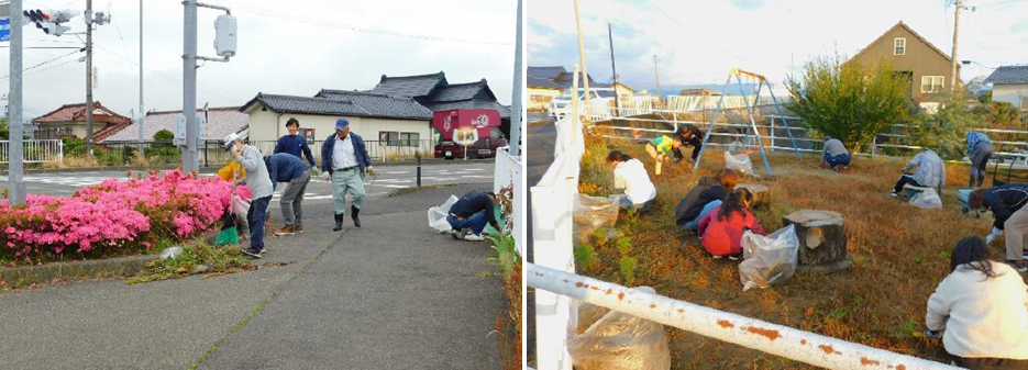 左：横断歩道側の植え込みの部分のゴミをほうきを使ってかき集めている写真 右：設置されたブランコの周りの雑草を参加者の方々が中腰になりながら抜いている様子の写真