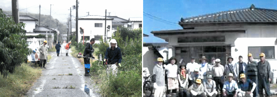 左：道路横の雑草を機械を使って参加者が刈り取っている写真 右：たくさんの参加者が集まり集合写真撮影をしている写真