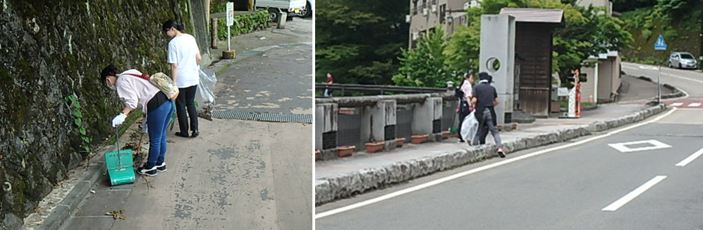 左：道路の横に落ちている落ち葉などをほうきを使って集めている写真 右：歩道に落ちているゴミを袋を持ちながら参加者の方々が拾っている様子の写真