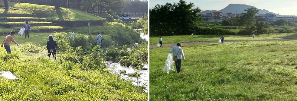 左：用排水路の周りの雑草を機械を使い刈り取っている写真 右：公園内を袋を持ちゴミ拾を参加者の方々が行っている写真