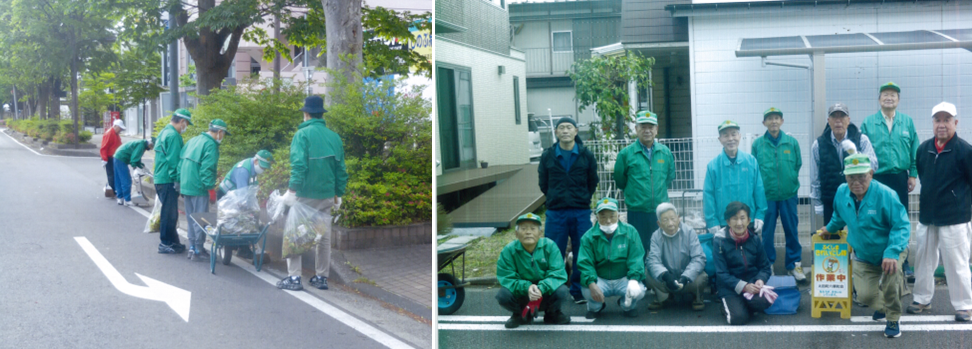 左：沿道に落ちているゴミや雑草をゴミ袋を手に参加者の方々が拾っている写真 右：参加された方々が集まって記念撮影をしている写真