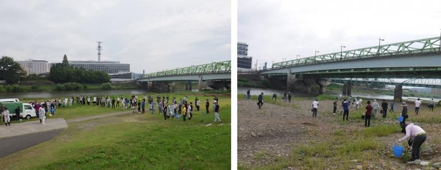 左：河川敷にたくさんの参加者が集まっている写真 右：参加者が河川敷に落ちているゴミを拾っている写真