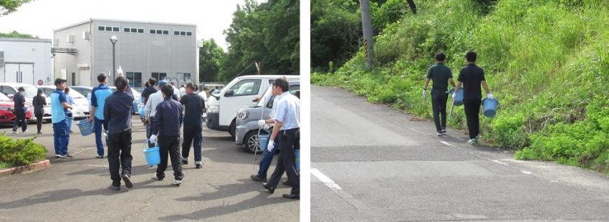左：バケツなどを持った参加者たちが駐車場に集まってきている写真 右：手には軍手をしバケツを持ち道路を歩いている参加者を後ろから写した写真