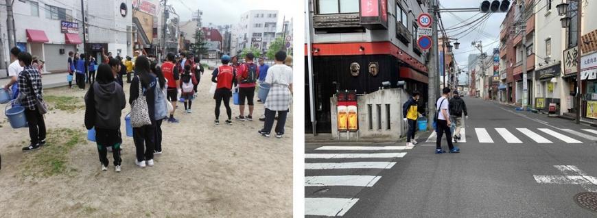 左：参加者がバケツなどを手に広場に集まっている写真 右：参加者がバケツや火ばさみを手に持ち道路に落ちているゴミがないか確認して歩いている写真