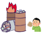 ドラム缶で物を燃やしており、煙で鼻をつまんでいる男性のイラスト