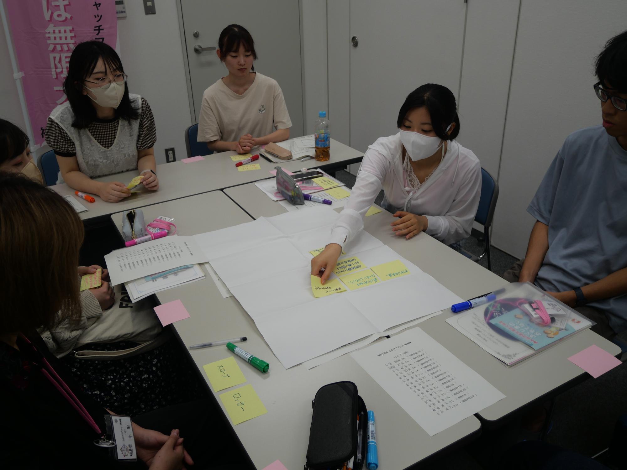グループディスカッションの様子（女性がふせんんを貼る様子）