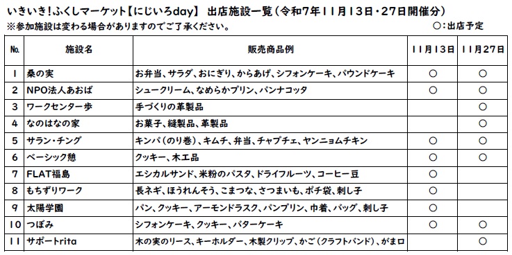 11月にじいろday出店事業所一覧