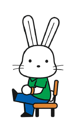 緑色のシャツを着たウサギが椅子に腰かけ左足を床に平行に上げているイラスト