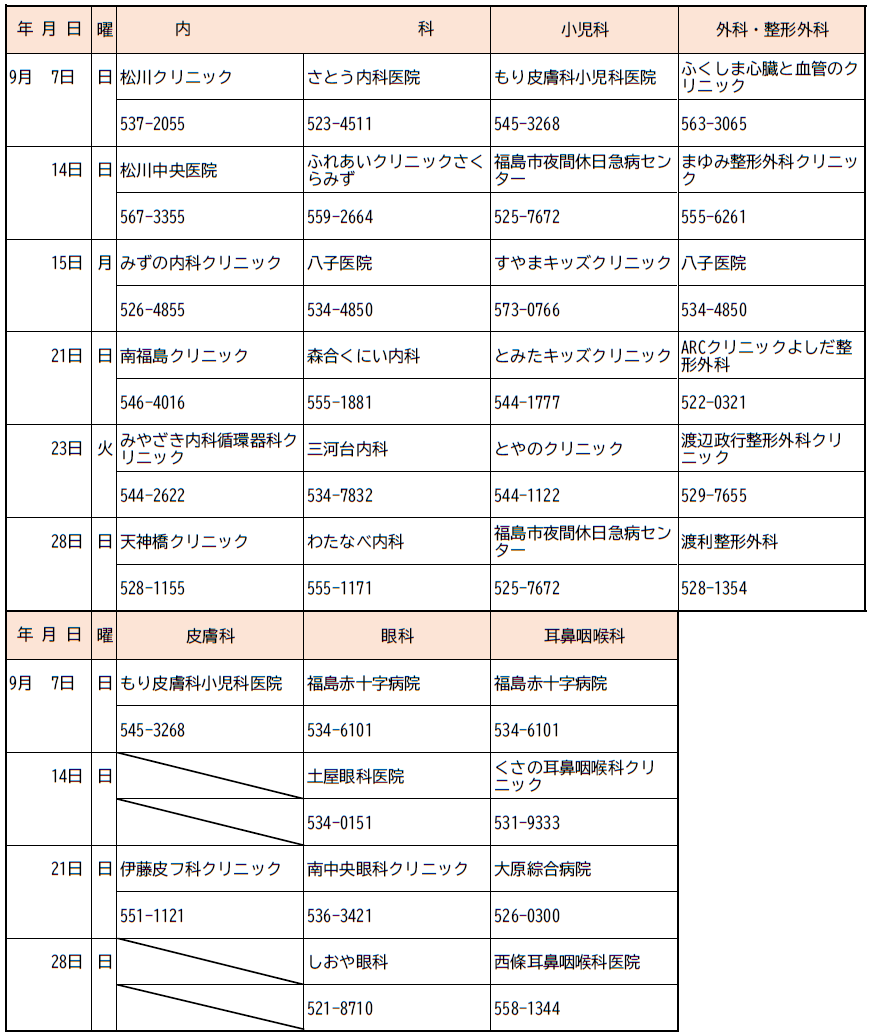 9月休日診療当番一覧表