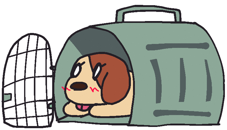 扉の開いた緑色のケージの中に茶色の犬が横たわっているイラスト