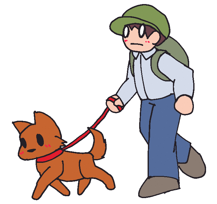 リュックを背負った男性がリードでつないだ茶色の犬を連れて歩いているイラスト