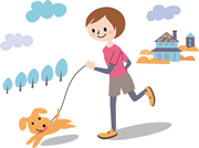 リードをつけて犬と散歩をしている女性のイラスト