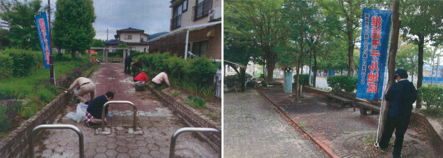 左：遊歩道の植え込みの雑草を、ゴミ袋を手に抜き取っている様子の写真 右：設置されたベンチの周りがきれいになった写真