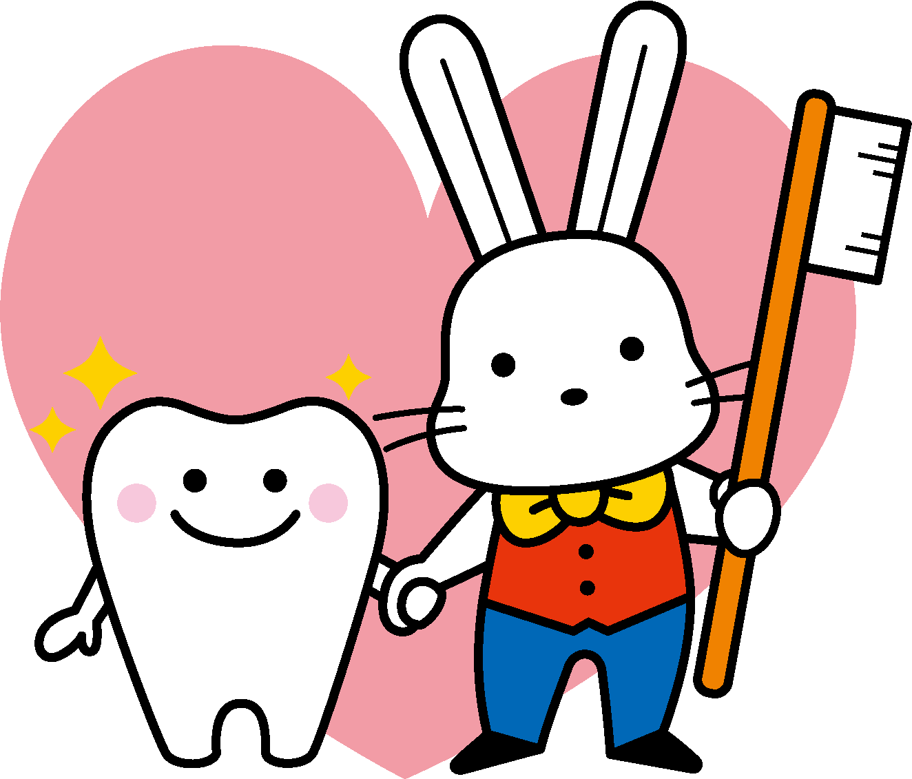 ピンク色のハートの前で大きな歯ブラシを持ったももりんとキラキラした歯のキャラクターが手をつないでいるイラスト