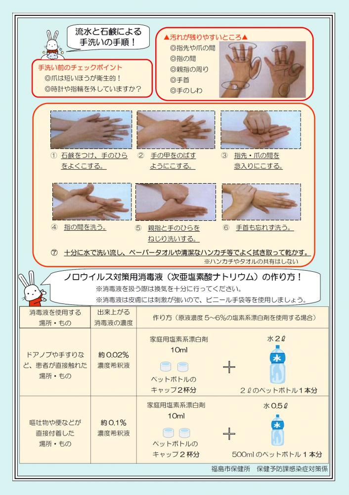 流水と石鹸による手洗いの手順とノロウイルス対策用消毒液（次亜塩素酸ナトリウム）の作り方を記載したポスター