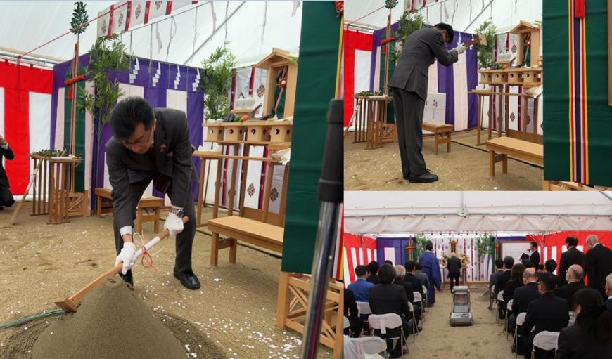 左：市長が紅白幕のテント内で鋤取りの儀を行っている様子の写真右上：市長が祭壇の前で一礼をしている様子の写真右下：紅白幕がはられたテント内に参列者が椅子に座っている安全祈願祭の様子の写真