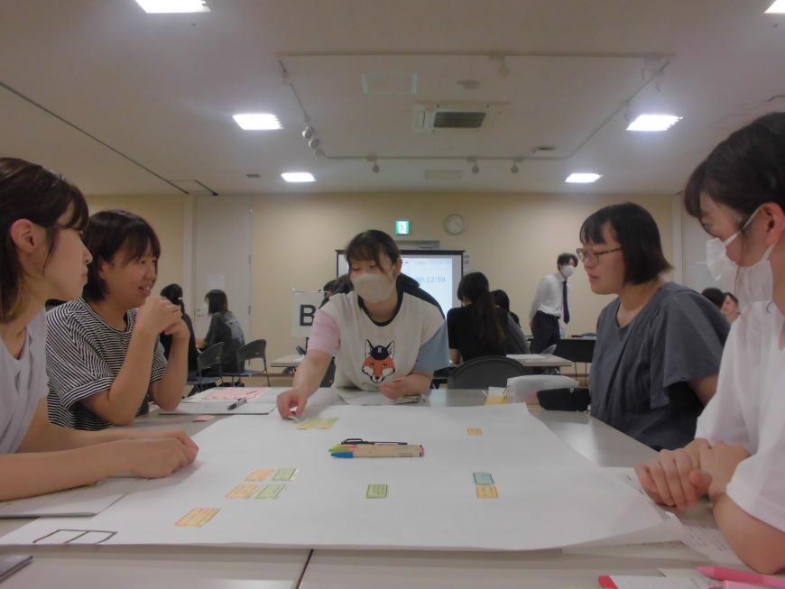 模造紙を広げたテーブルの席に座った5人の女性の参加者が話し合いをしている写真