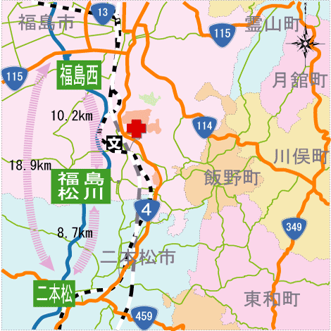 二本松から福島西までの周辺地図