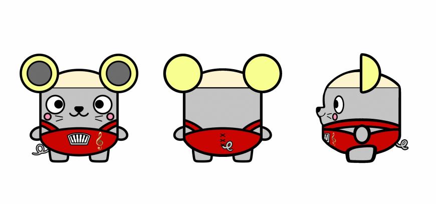 赤色のオーバーオールを着用したねずみ「あかめろ」の正面・背面・側面のイラスト