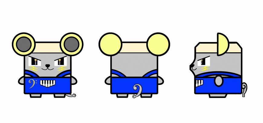 青色のオーバーオールを着用したねずみ「あおめろ」の正面・背面・側面のイラスト